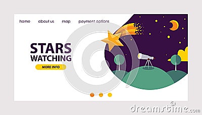 Stars in different styles website design vector illustration. Watching stars. Telescope on hill under sky. Shining stars Vector Illustration