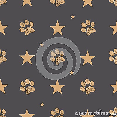 Stars with doodle gold paw prints and stars Vector Illustration