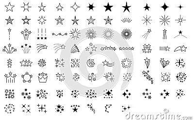 Stars and fireworks collection vector, black line art,rainbow big set isolated, star icon flat style. Vector Vector Illustration