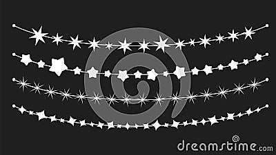 Stars garlands set. Different star on ropes or strings, festive holidays decorative vector elements. Christmas or Vector Illustration