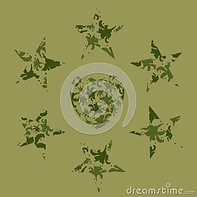 Stars and the heart of lilies in camouflage pattern. Vector Illustration