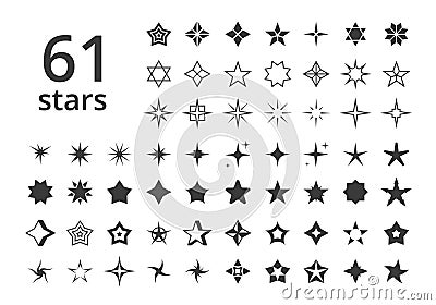 Stars icons of various shapes large set. Silhouette abstract decoration on golden polygon star of David flash art rating Vector Illustration