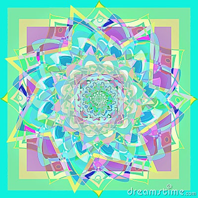 Dahlia flower mandala in aquamarine, geometric background in yellow, green, purple , light image for yoga practice, vintage style Stock Photo