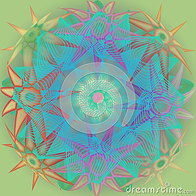 STARS MANDALA. PLAIN AQUAMARINE BACKGROUND. CENTRAL LINEAR FLOWER IN TURQUOISE. STARS IN DIFFERENT SHAPES IN PASTEL COLORS PALLET Stock Photo