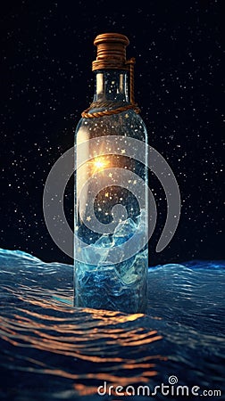 stars and Milky Way exists in a bottle that floats in the sea image Stock Photo