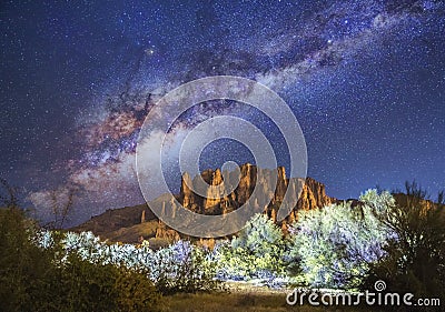 Stars & Milky Way over Superstition Mountains in Arizona Stock Photo