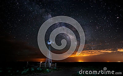 Stars and Milky Way with Windmill Stock Photo