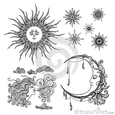 Stars Moon And Wind Vector Illustration