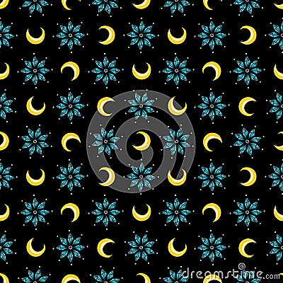Stars and moons magical seamless pattern Vector Illustration
