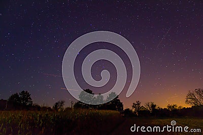 Stars over the forest and village lights in right corner Stock Photo