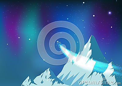 Stars scatter, comet traveling on night sky with aurora, fantasy astronomy constellation ice mountains landscape arctic concept Vector Illustration