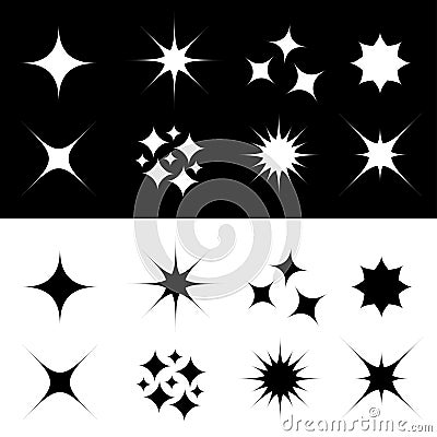 Stars Sparkles sign symbol shape set. Cute collection. Decoration element. Flat design. Black and white background Vector Illustration