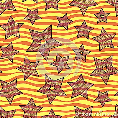 Stars and waves seamless pattern for wraping paper, backgrouns and textile, bright holiday colors Stock Photo