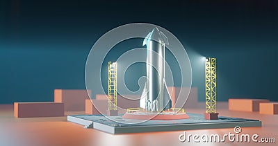 Starship on launch pad. 3d render of spaceship illustration. Rocket before launch Cartoon Illustration