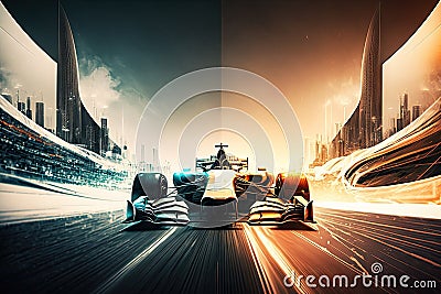 start of auto racing against backdrop of illuminated city in racing double exposure Stock Photo