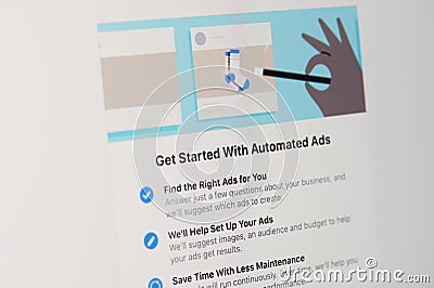 Start automated ads in facebook Editorial Stock Photo