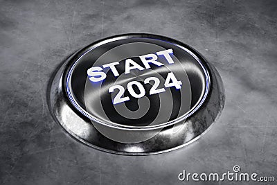 start button 2024. push button with text 2024 on dark background. illuminated start button year 2024. technology virtual Stock Photo