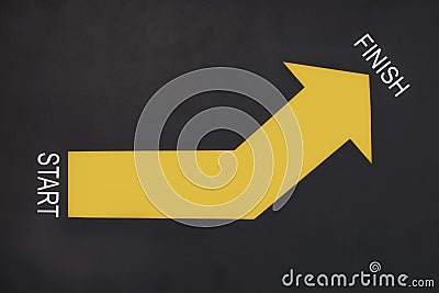 Start and finish word with yellow arrow upward Stock Photo