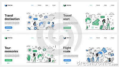 Start of journey, flight route and travel set, search of trip location by tiny people Vector Illustration