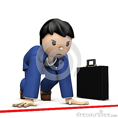 At the start line, young businessman to stand up. Cartoon Illustration