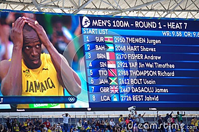 Start list of 100m heat 7 at Rio2016 Olympics Editorial Stock Photo