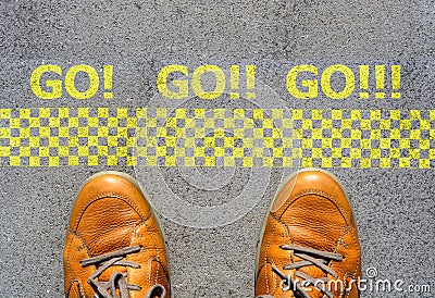 Start a new career concept with man feet at start line Stock Photo