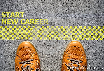 Start a new career concept with man feet at start line Stock Photo