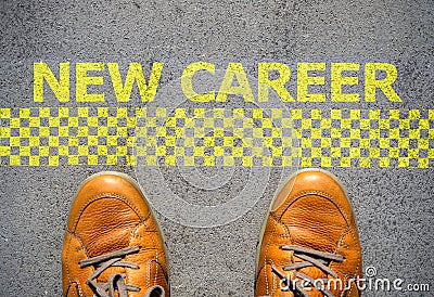 Start a new career concept with man feet at start line Stock Photo