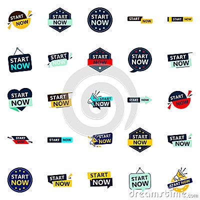 Start Now 25 Unique Typographic Designs for a personalized start message Vector Illustration