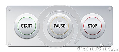 Start Pause Stop Buttons Metallic Panel Vector Illustration