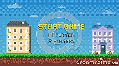 Start for players pixel game with houses and green grass along urban road pixelated art scene Vector Illustration