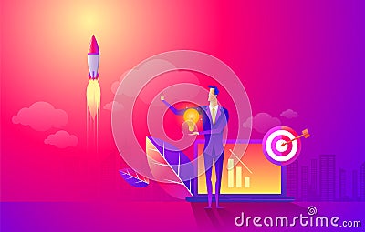 Start rocket ship in a flat style. Business startup work moments flat banner. New ideas, search for investor, increased Vector Illustration