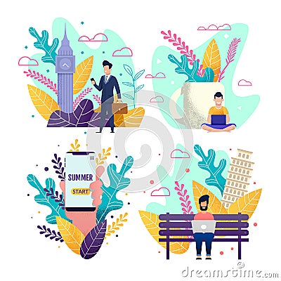 Start Summer Vacation and Choose Freelance Set Vector Illustration