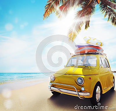 Start summertime vacation with an old car on the beach. 3d rendering Stock Photo