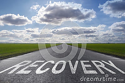 Start to live without alcohol addiction. Word RECOVERY on asphalt highway Stock Photo