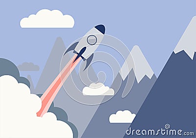 Start up business concept, flat design, rocket cloud and mountain. Vector Illustration