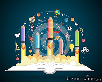 Start up concept. pencils rocket flying education concept Vector Illustration