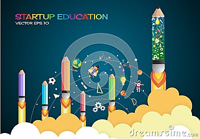 Start up concept. pencils rocket flying education concept Vector Illustration