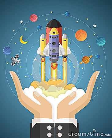 Start up concept. rocket flying on hands Vector Illustration