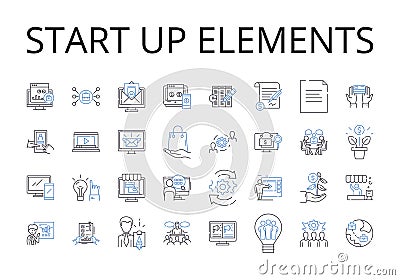 Start up elements line icons collection. Business launch, Initial phase, Commencing operations, Beginning stage, Primary Vector Illustration