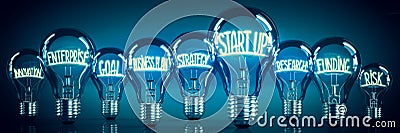 Start up, enterprise, business plan concept - shining light bulbs - 3D illustration Cartoon Illustration