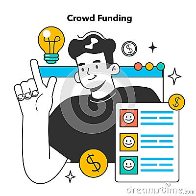 Start up' financing. Entrepreneur receiving money from crowd funding Vector Illustration