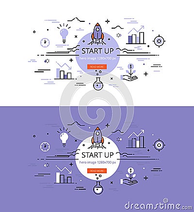 Start Up. Flat linear hero images and hero banners design Vector Illustration