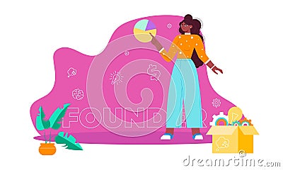 Start up founder. Concept with young black woman, keyword, icons - clog, dollar sign, light bulb, brain Vector Illustration