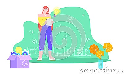 Start up founder. Concept with young white woman, keyword, icons - clog, dollar sign, light bulb, brain Vector Illustration