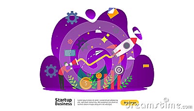 start up idea concept. project business with rocket tiny people character. new product or service launch template for web landing Vector Illustration