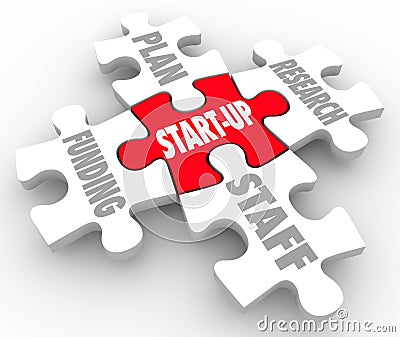 Start-Up Puzzle Pieces Staff Research Plan Funding Strategy Stock Photo