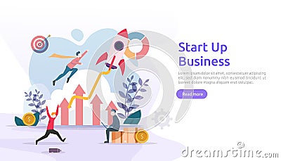 start up service or new product idea launch concept. project business with rocket tiny people character. template for web landing Vector Illustration