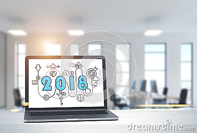 2018 start up sketch on laptop screen in office Stock Photo