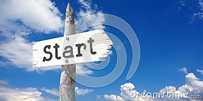 Start - wooden signpost with one arrow Stock Photo